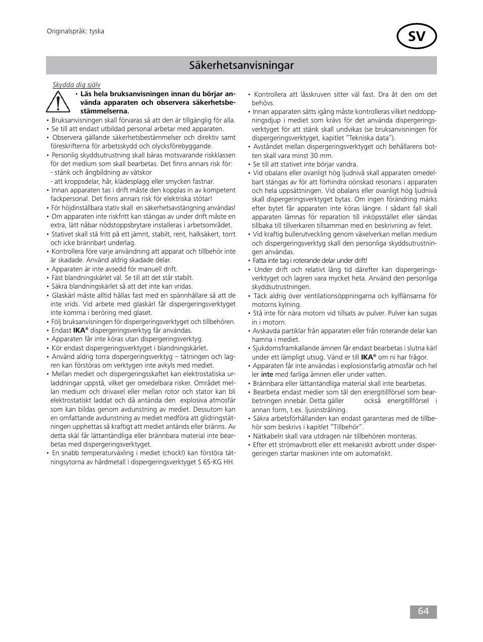 Säkerhetsanvisningar | IKA T 65 digital ULTRA-TURRAX User Manual | Page 64 / 100