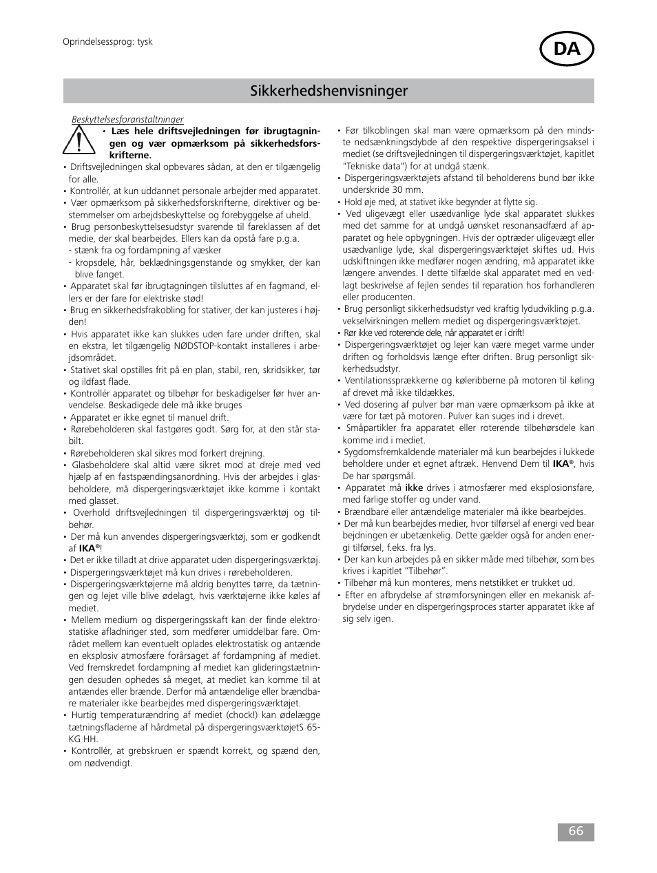 Sikkerhedshenvisninger | IKA T 65 digital ULTRA-TURRAX User Manual | Page 66 / 100