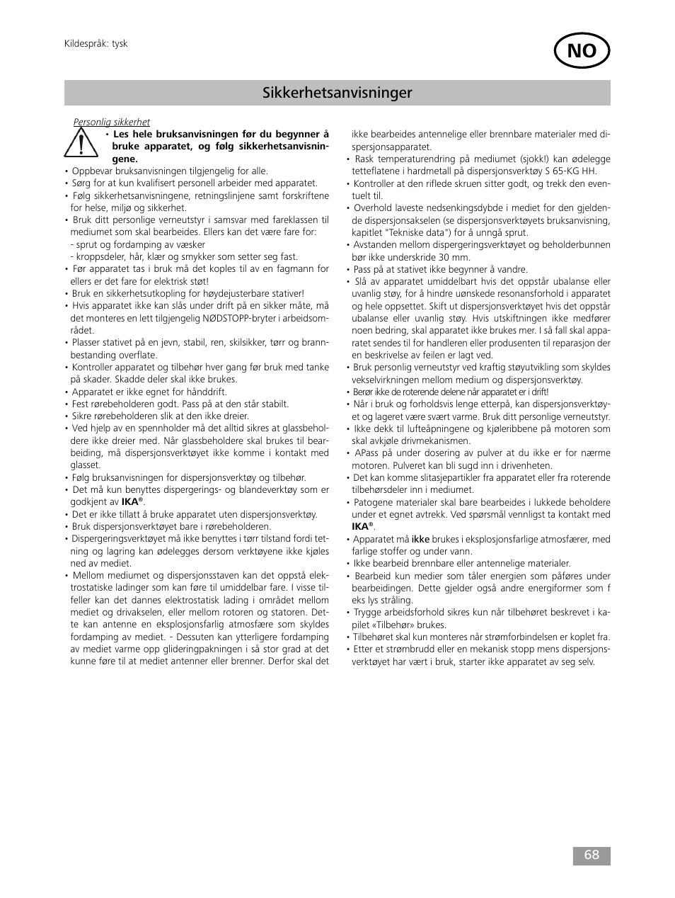 Sikkerhetsanvisninger | IKA T 65 digital ULTRA-TURRAX User Manual | Page 68 / 100
