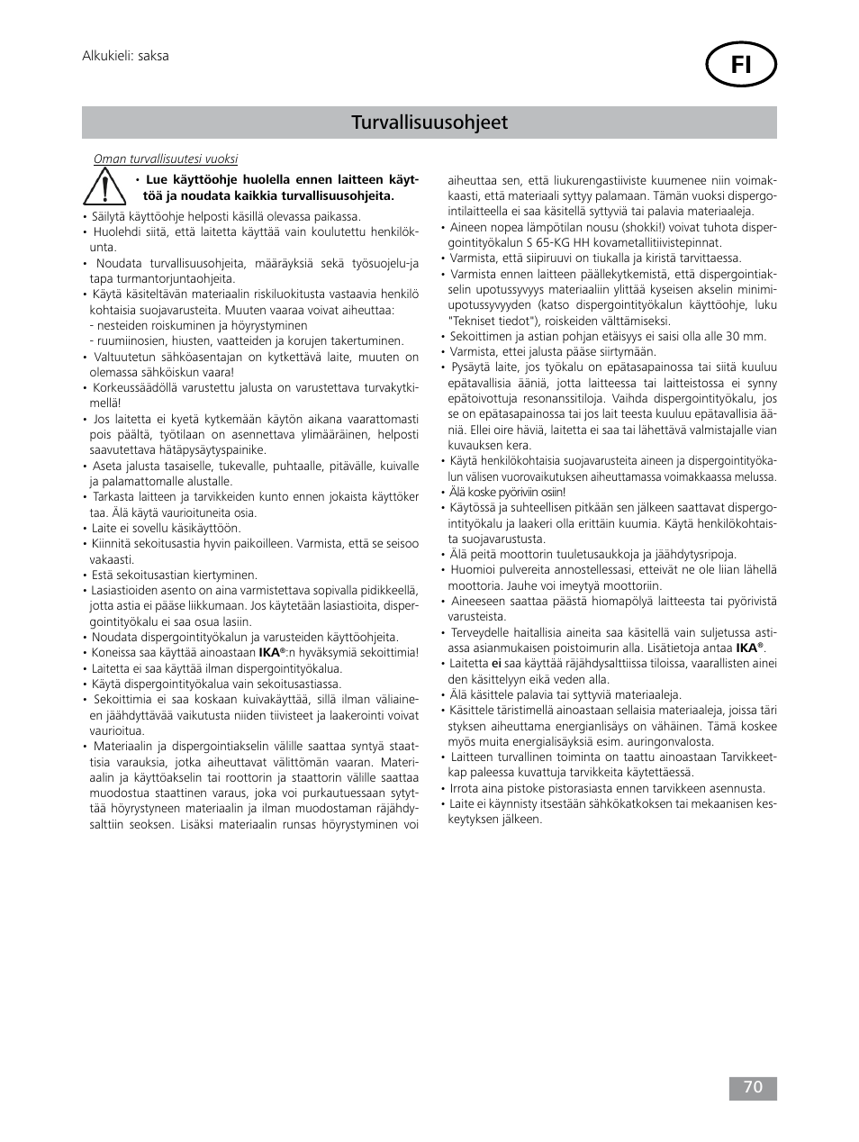 Turvallisuusohjeet | IKA T 65 digital ULTRA-TURRAX User Manual | Page 70 / 100