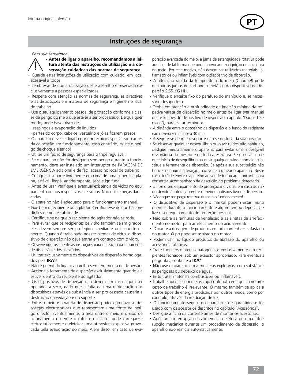 Instruções de segurança | IKA T 65 digital ULTRA-TURRAX User Manual | Page 72 / 100