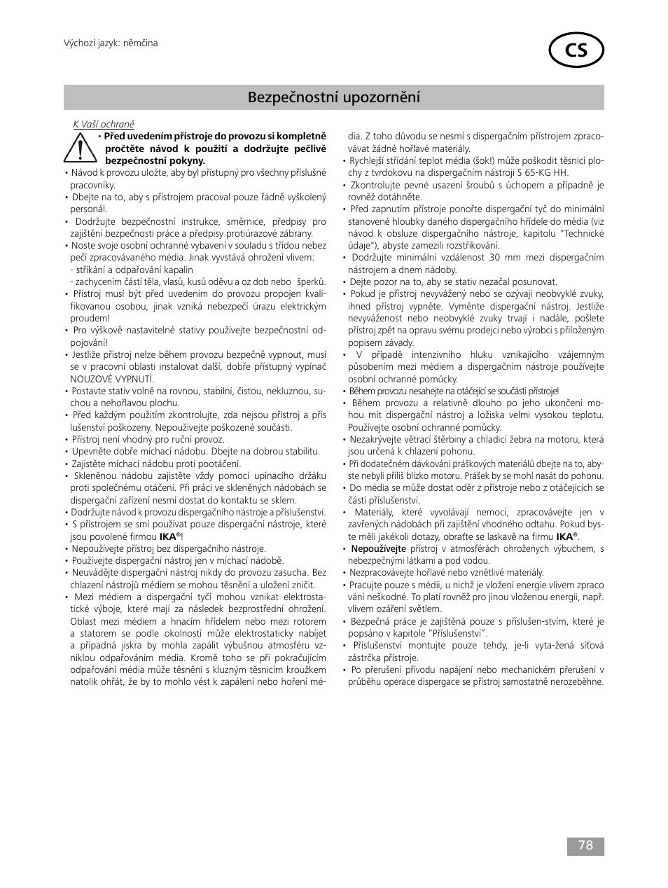 Bezpečnostní upozornění | IKA T 65 digital ULTRA-TURRAX User Manual | Page 78 / 100