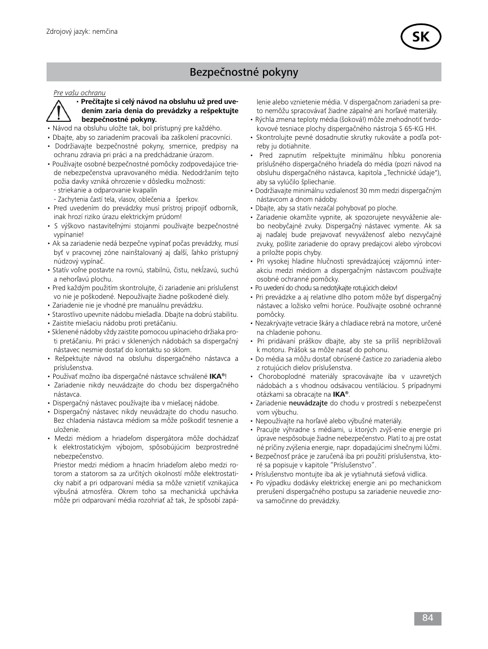 Bezpečnostné pokyny | IKA T 65 digital ULTRA-TURRAX User Manual | Page 84 / 100