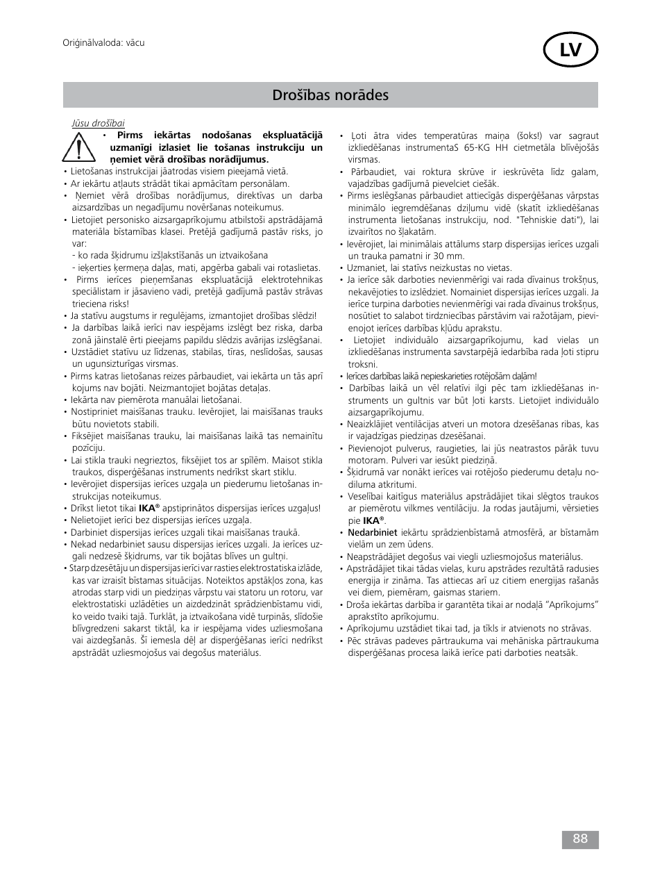 Drošības norādes | IKA T 65 digital ULTRA-TURRAX User Manual | Page 88 / 100