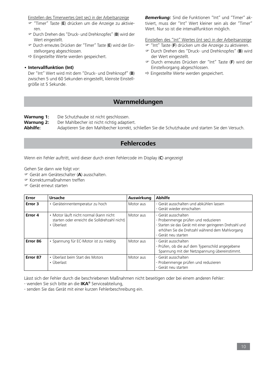 Warnmeldungen, Fehlercodes | IKA Tube Mill control User Manual | Page 10 / 64
