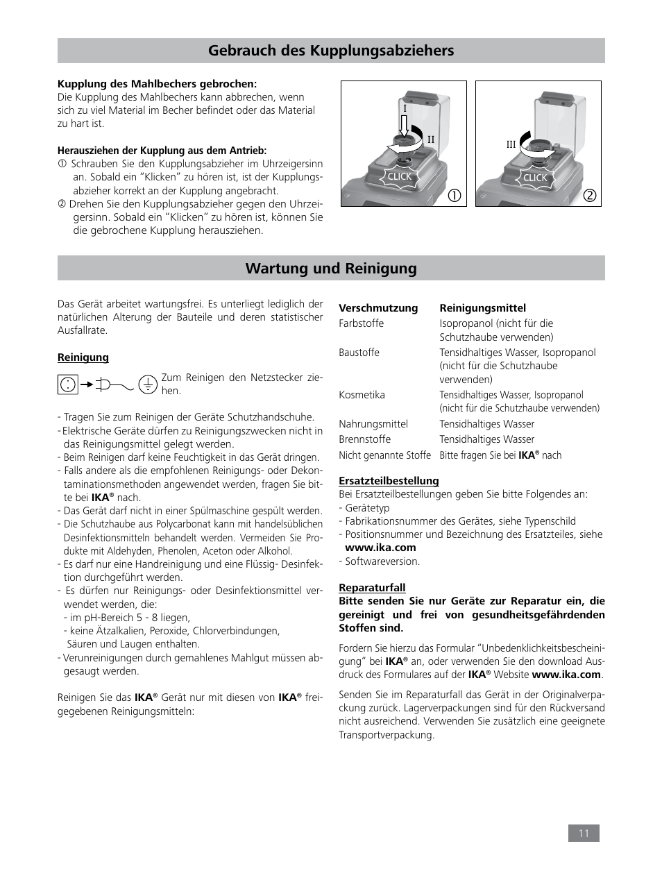 Gebrauch des kupplungsabziehers, Wartung und reinigung | IKA Tube Mill control User Manual | Page 11 / 64