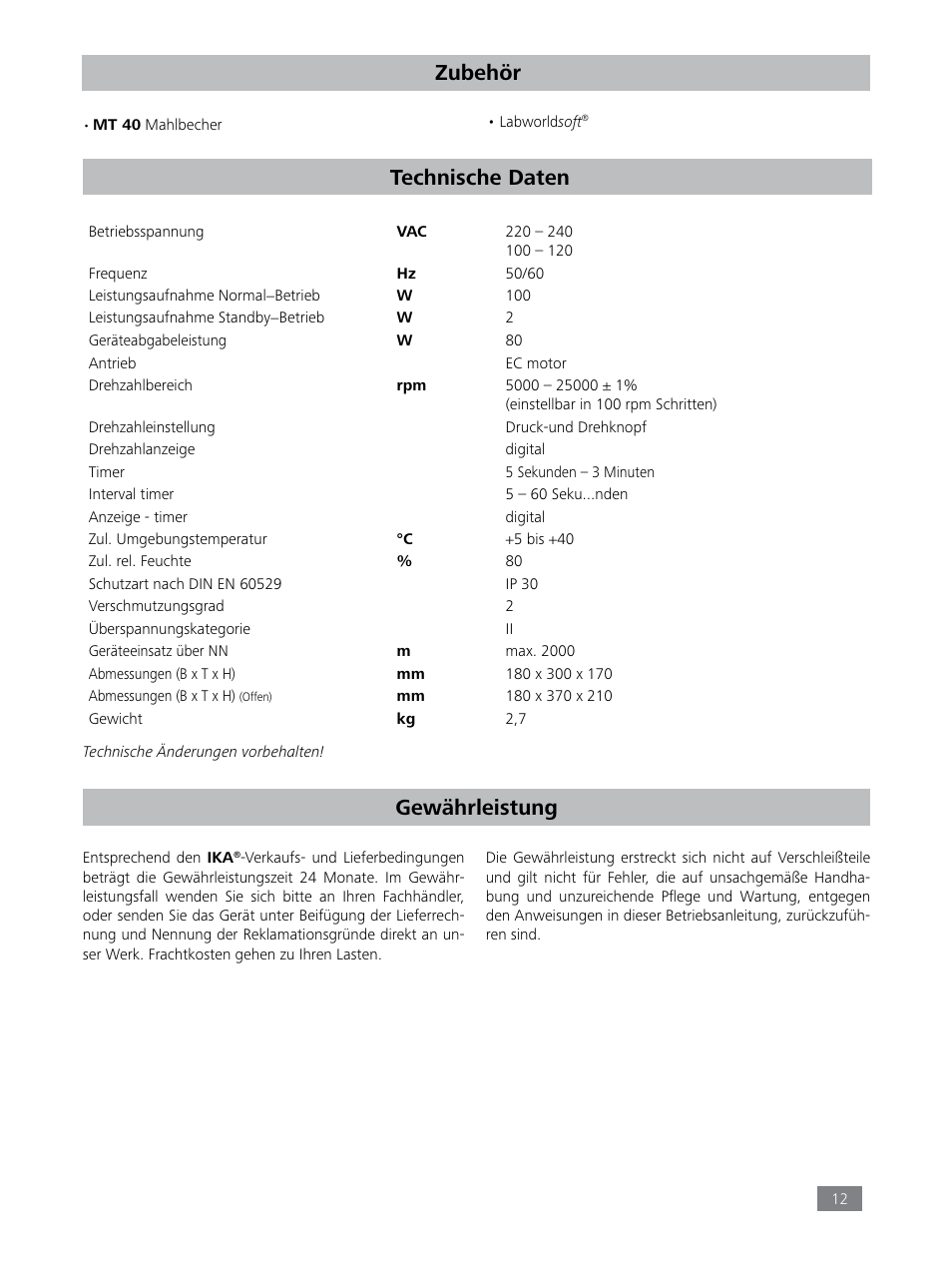 Zubehör, Technische daten gewährleistung | IKA Tube Mill control User Manual | Page 12 / 64
