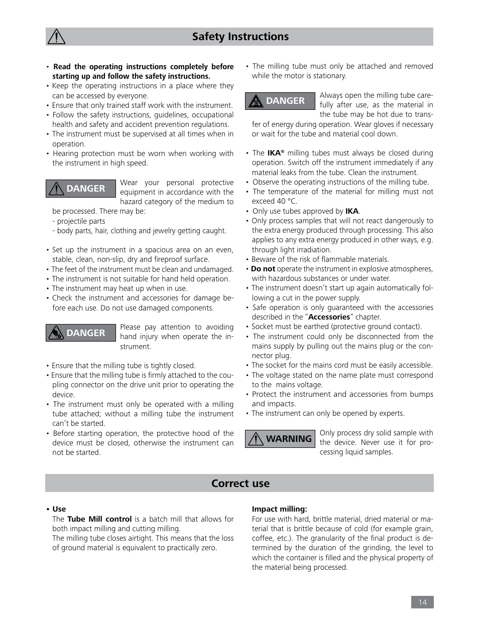 Safety instructions, Correct use | IKA Tube Mill control User Manual | Page 14 / 64