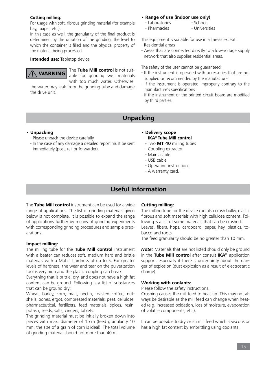 Unpacking, Useful information | IKA Tube Mill control User Manual | Page 15 / 64