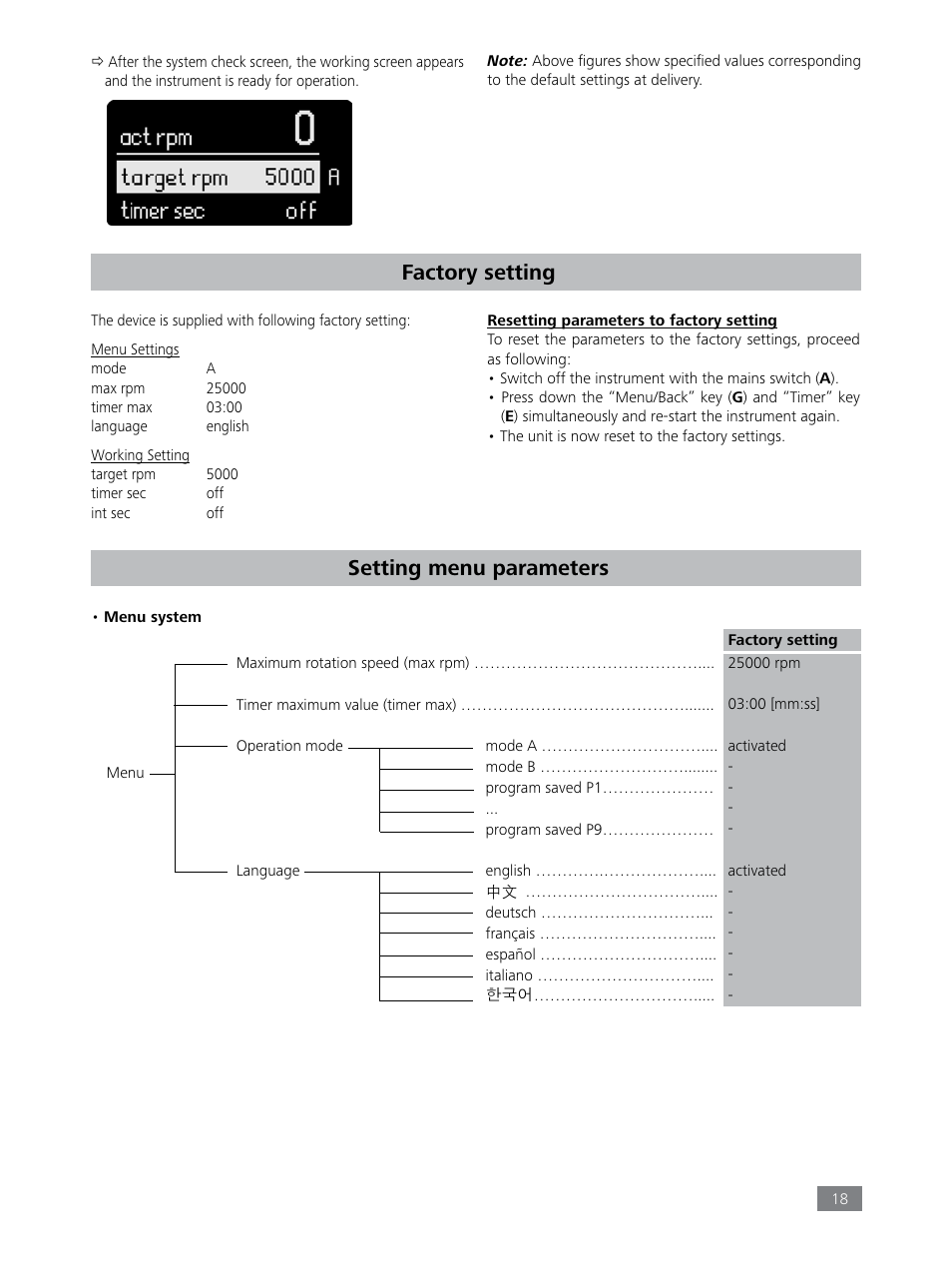 Factory setting, Setting menu parameters | IKA Tube Mill control User Manual | Page 18 / 64