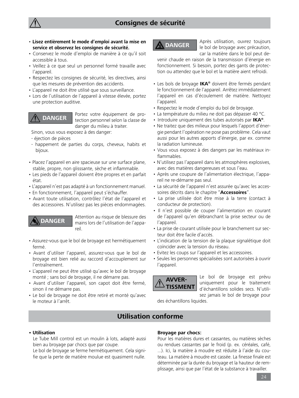 Consignes de sécurité, Utilisation conforme | IKA Tube Mill control User Manual | Page 24 / 64