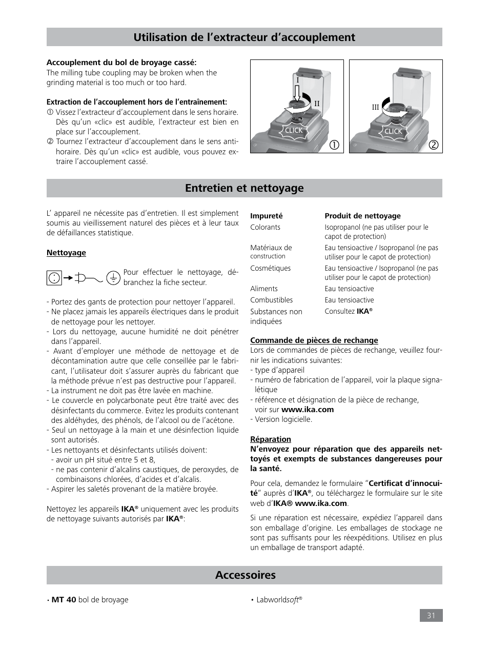 Utilisation de l’extracteur d’accouplement, Entretien et nettoyage, Accessoires | IKA Tube Mill control User Manual | Page 31 / 64