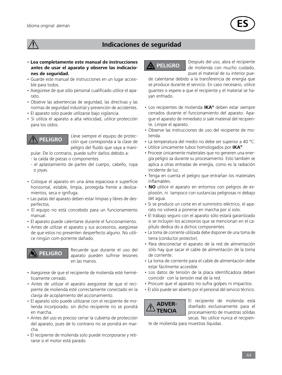 Indicaciones de seguridad | IKA Tube Mill control User Manual | Page 44 / 64