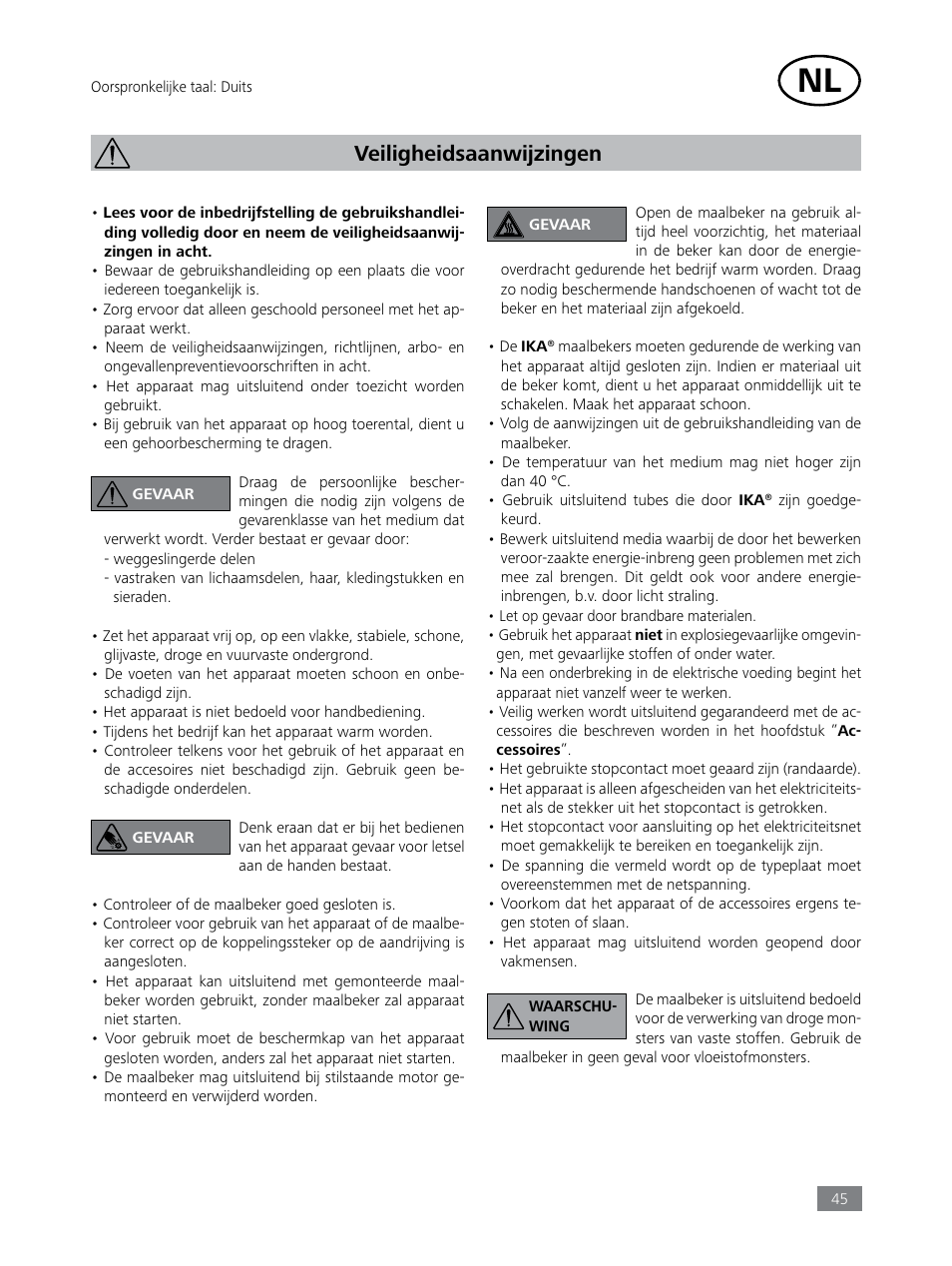 Veiligheidsaanwijzingen | IKA Tube Mill control User Manual | Page 45 / 64
