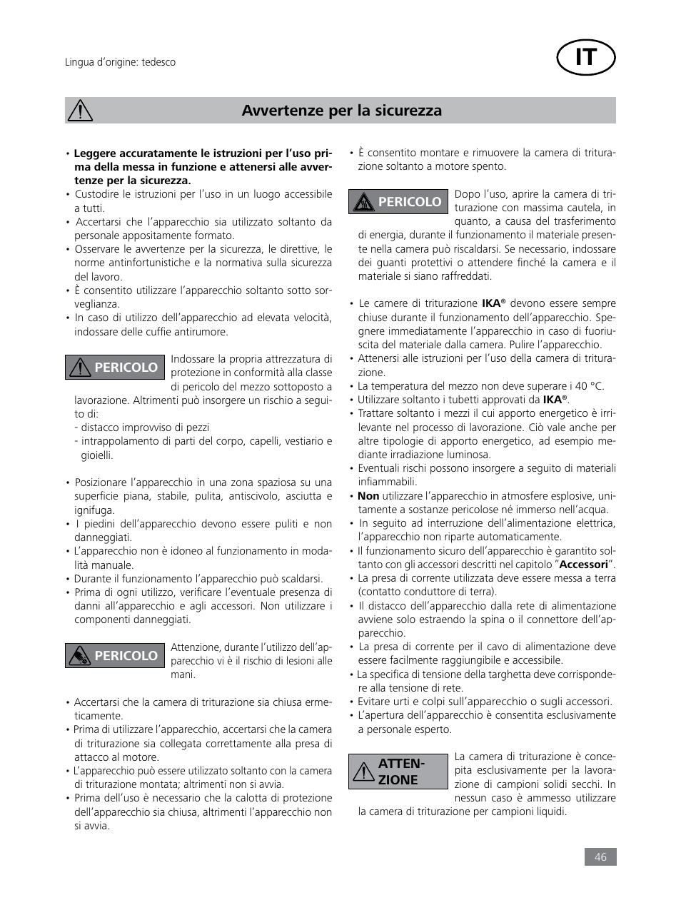 Avvertenze per la sicurezza | IKA Tube Mill control User Manual | Page 46 / 64