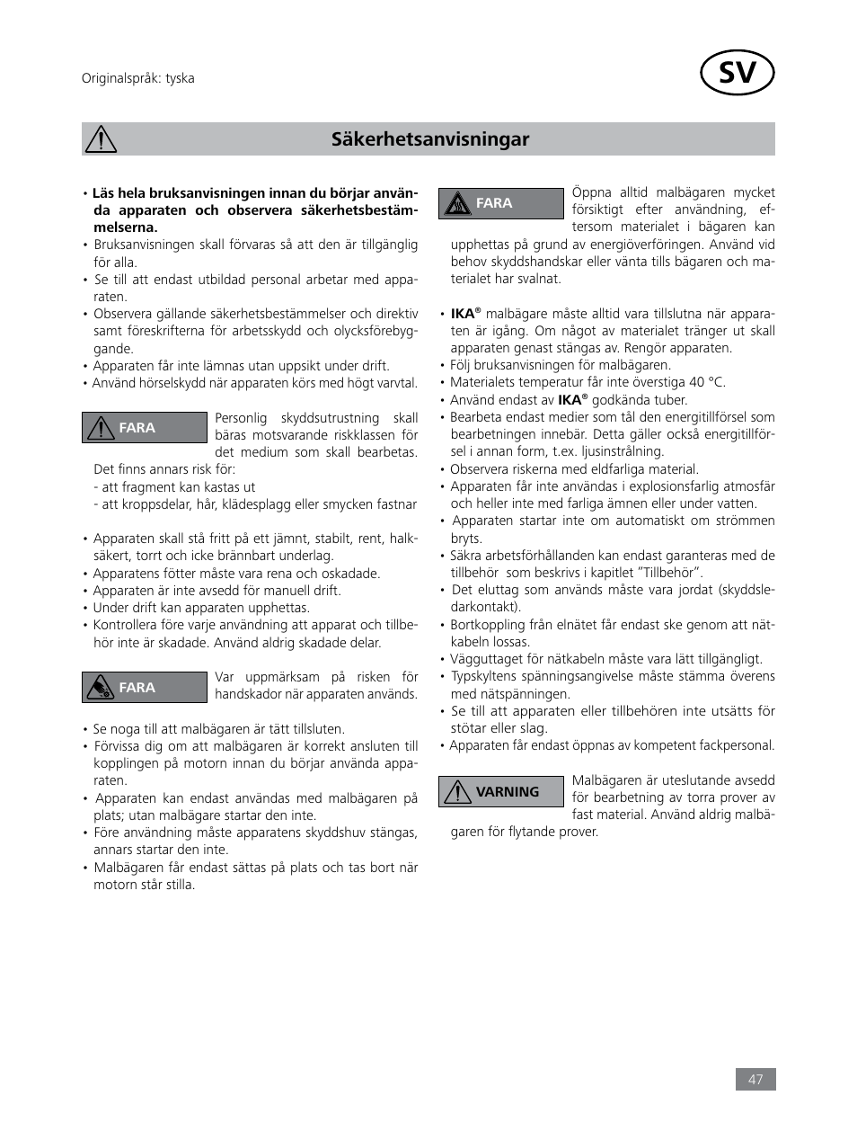 Säkerhetsanvisningar | IKA Tube Mill control User Manual | Page 47 / 64