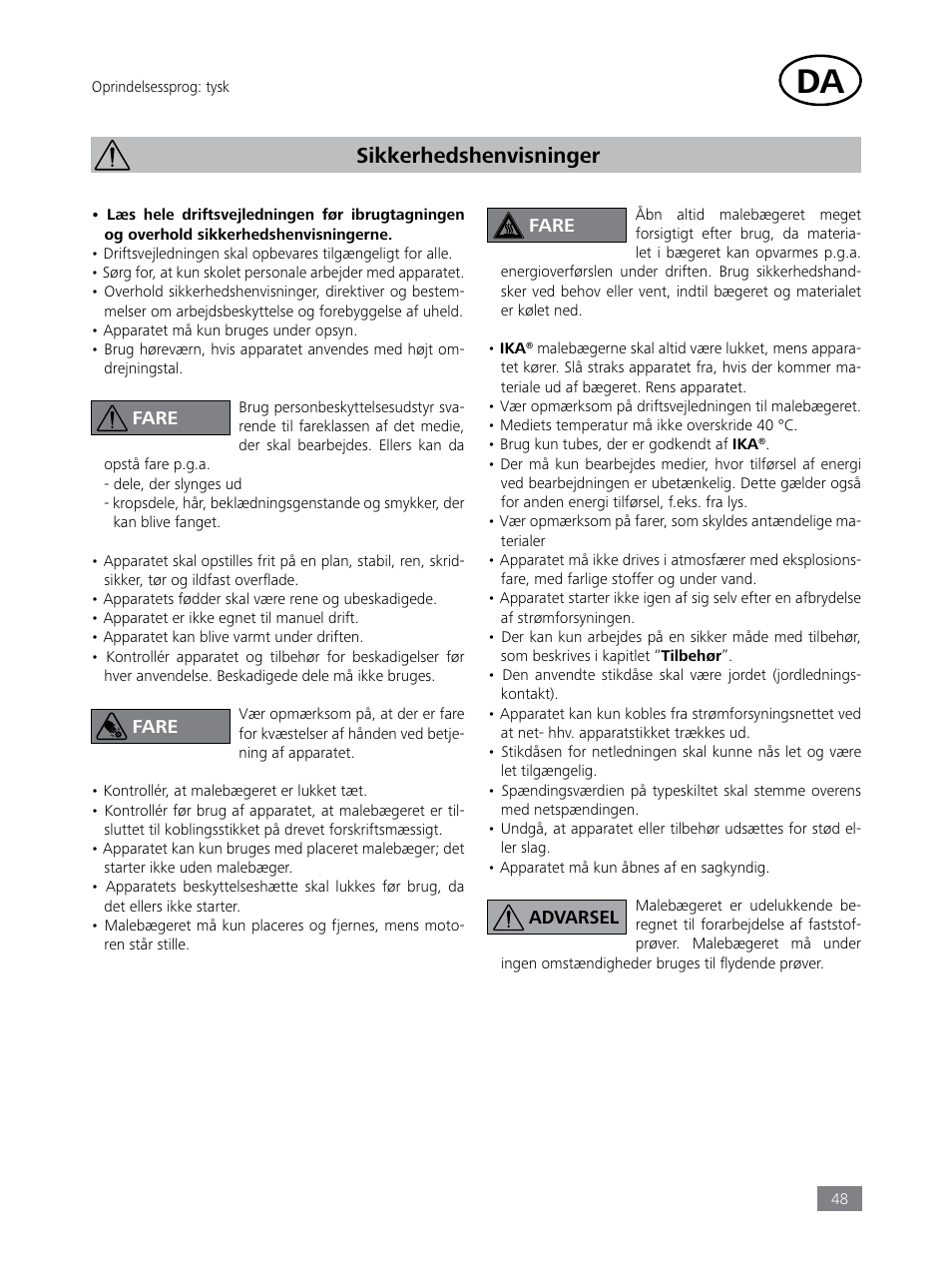 Sikkerhedshenvisninger | IKA Tube Mill control User Manual | Page 48 / 64