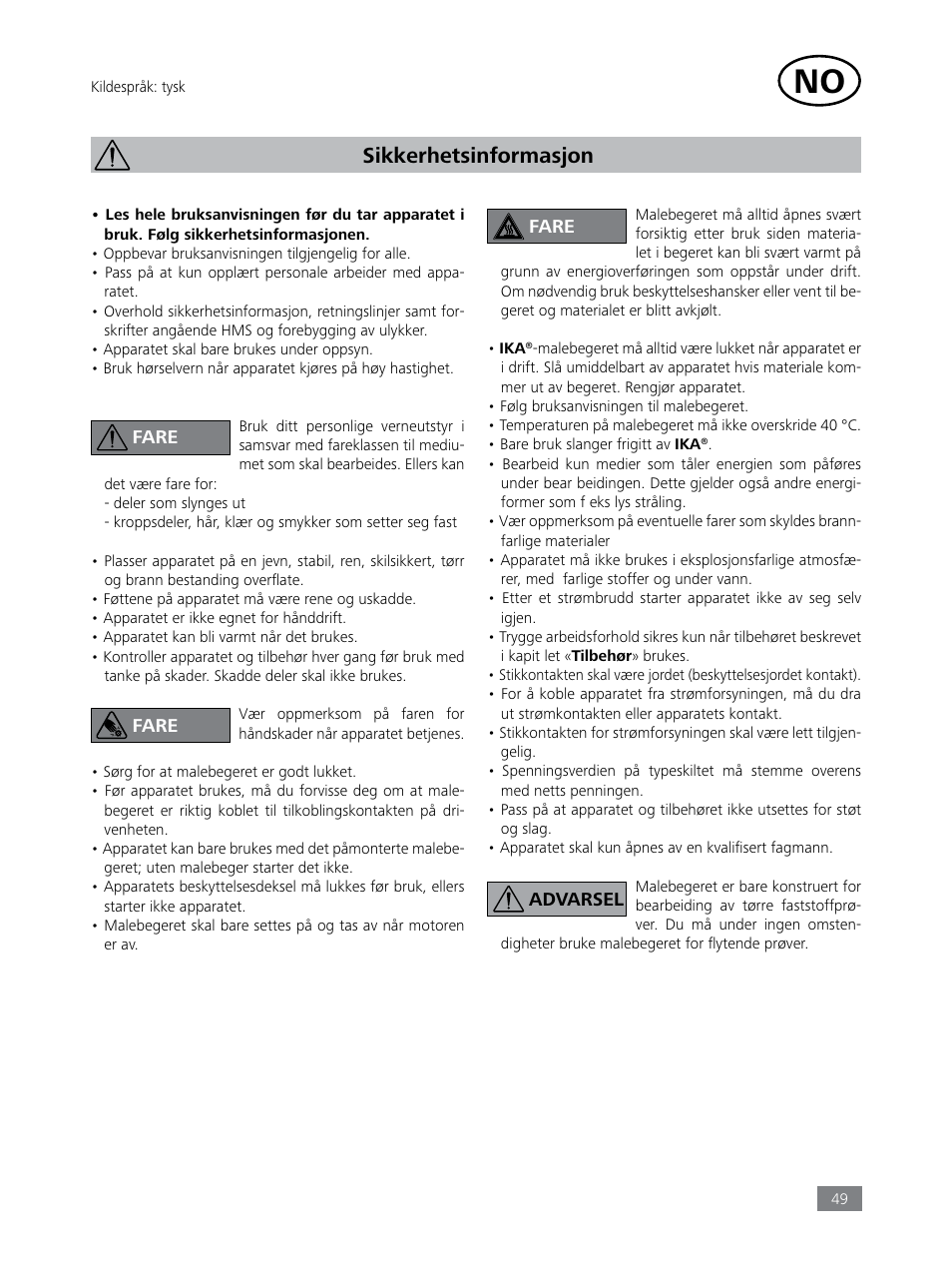 Sikkerhetsinformasjon | IKA Tube Mill control User Manual | Page 49 / 64