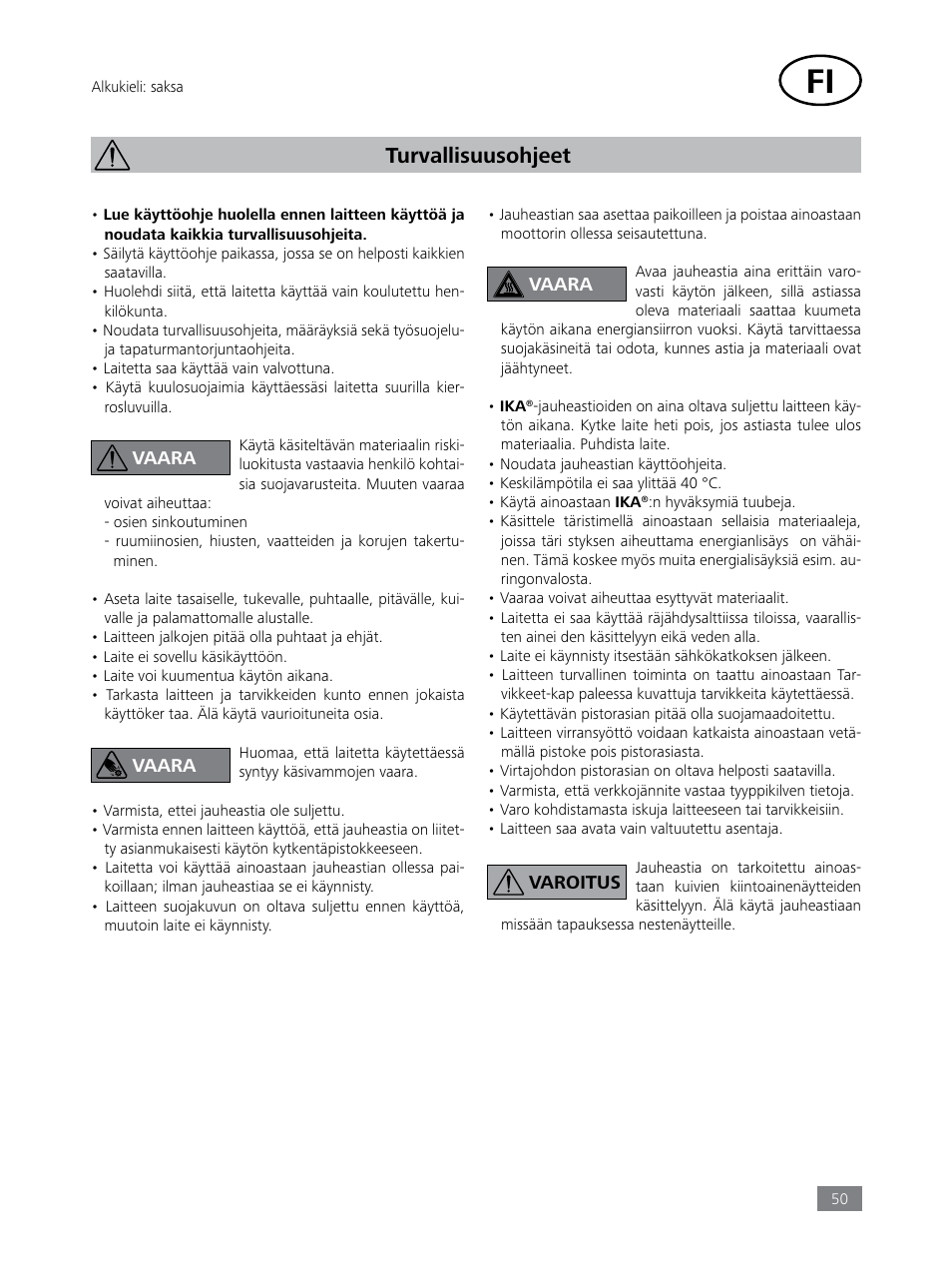 Turvallisuusohjeet | IKA Tube Mill control User Manual | Page 50 / 64