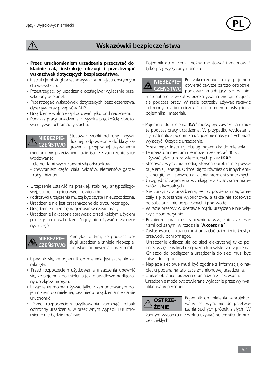 Wskazówki bezpieczeństwa | IKA Tube Mill control User Manual | Page 52 / 64