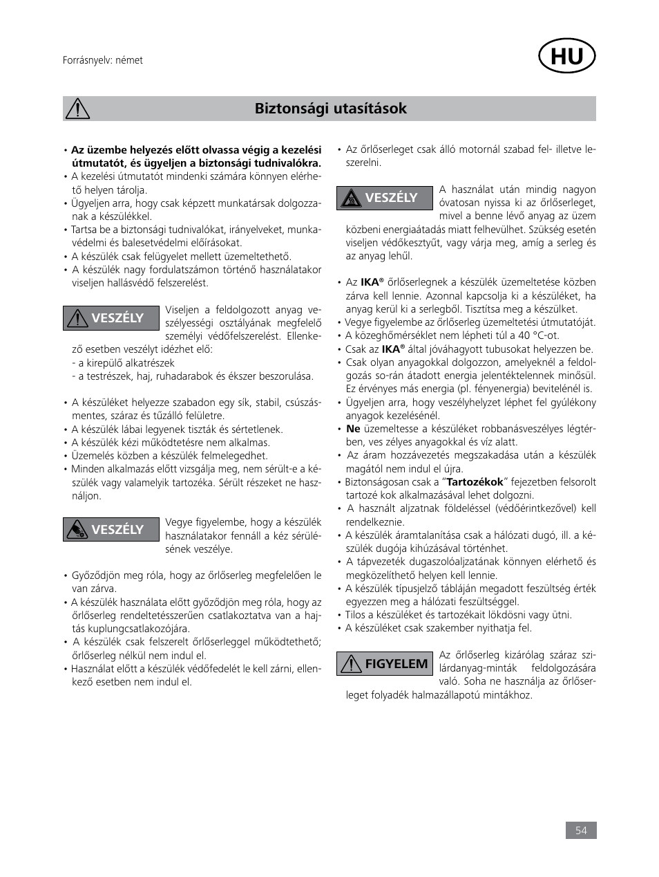 Biztonsági utasítások | IKA Tube Mill control User Manual | Page 54 / 64