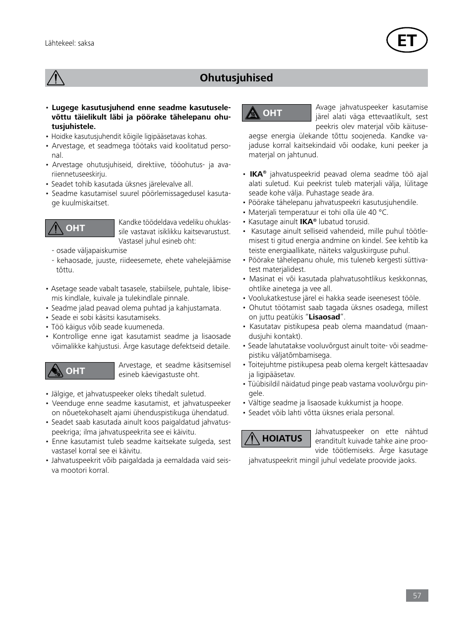 Ohutusjuhised | IKA Tube Mill control User Manual | Page 57 / 64