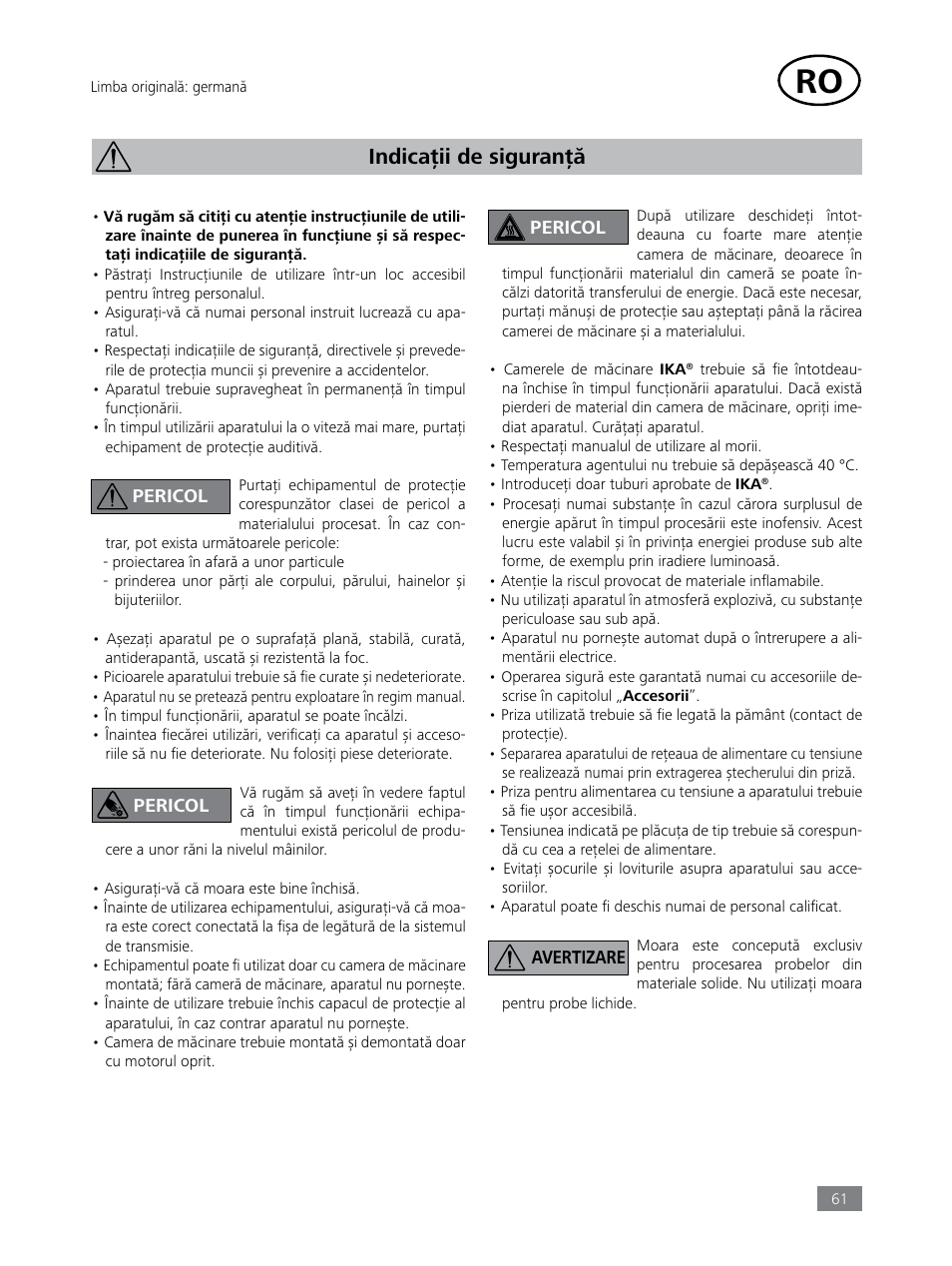 Indicaţii de siguranţă | IKA Tube Mill control User Manual | Page 61 / 64