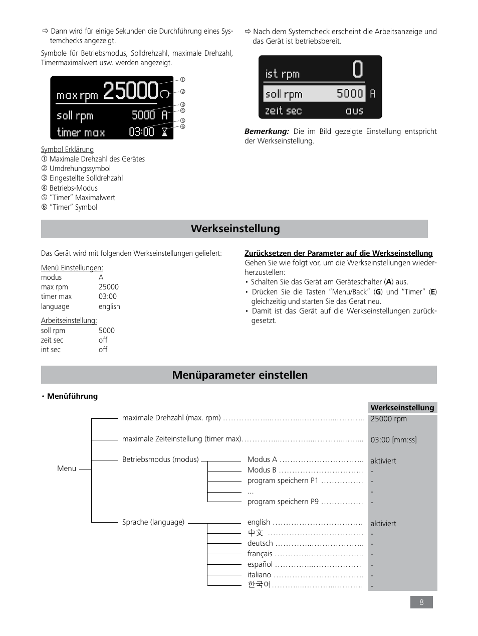 Werkseinstellung, Menüparameter einstellen | IKA Tube Mill control User Manual | Page 8 / 64