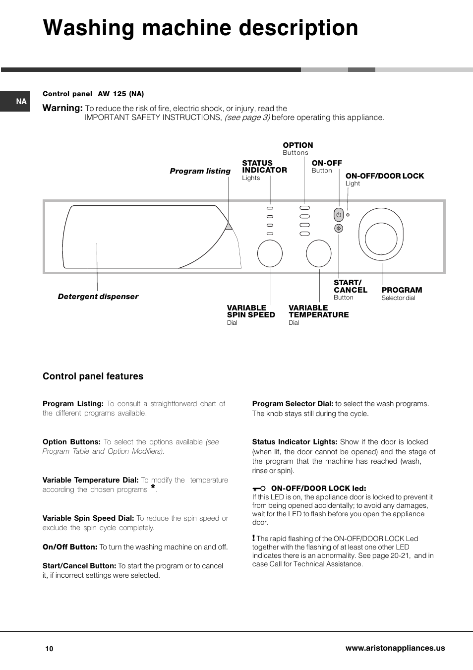 Washing machine description, Warning, Control panel features | Ariston AW 125 User Manual | Page 10 / 23