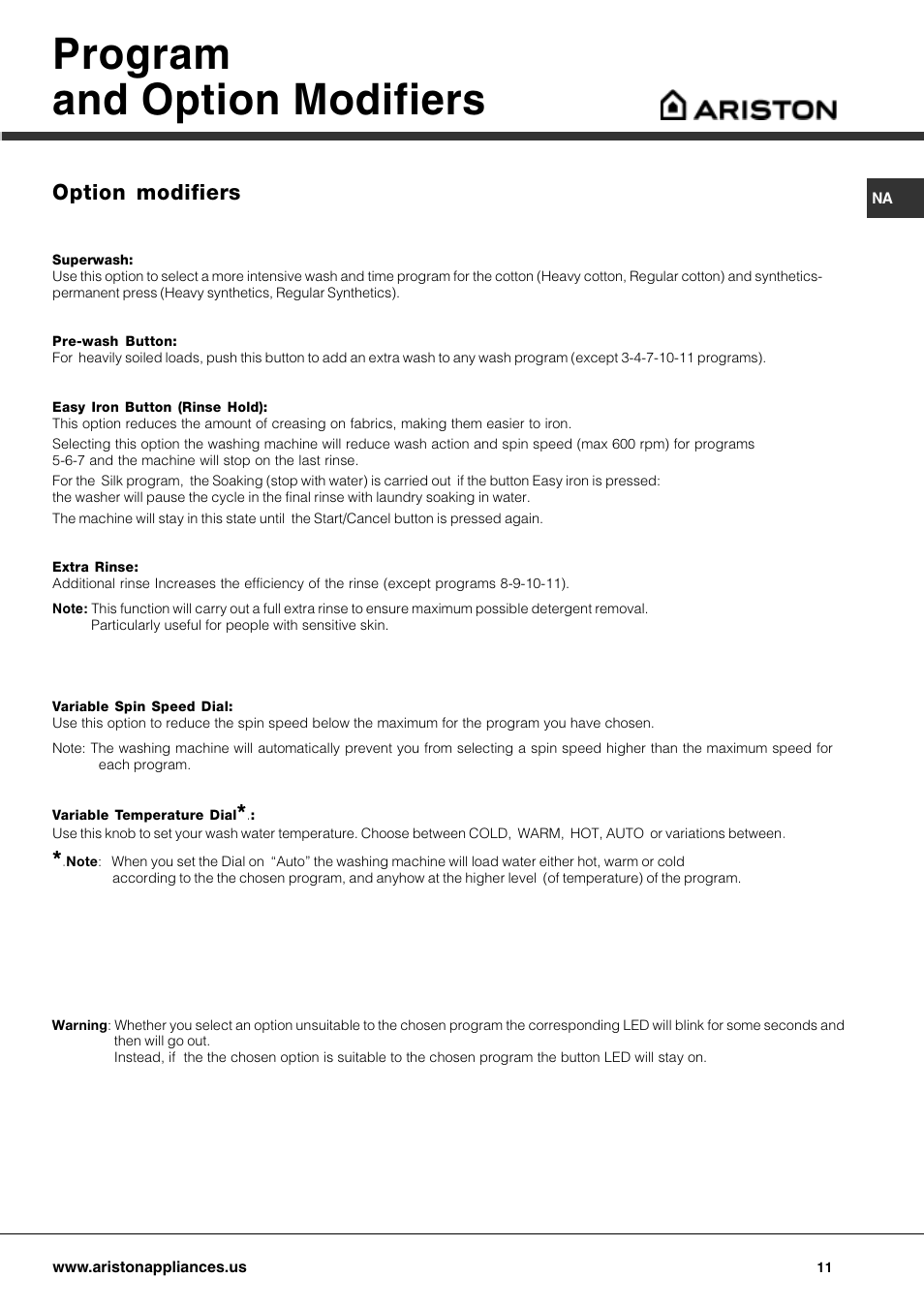 Program and option modifiers, Option modifiers | Ariston AW 125 User Manual | Page 11 / 23