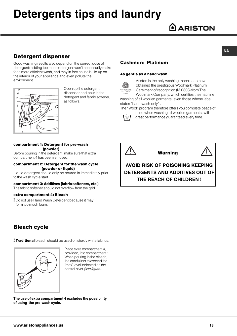 Detergents tips and laundry, Detergent dispenser, Bleach cycle | Cashmere platinum | Ariston AW 125 User Manual | Page 13 / 23