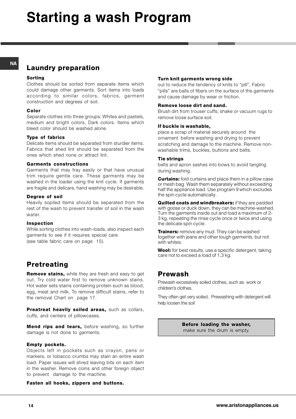 Starting a wash program, Prewash, Laundry preparation | Pretreating | Ariston AW 125 User Manual | Page 14 / 23