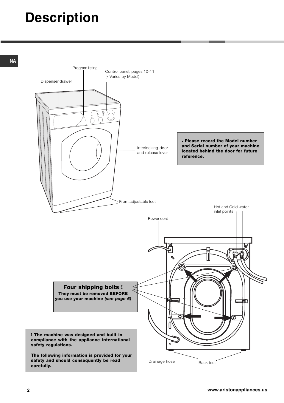 Description, Four shipping bolts | Ariston AW 125 User Manual | Page 2 / 23