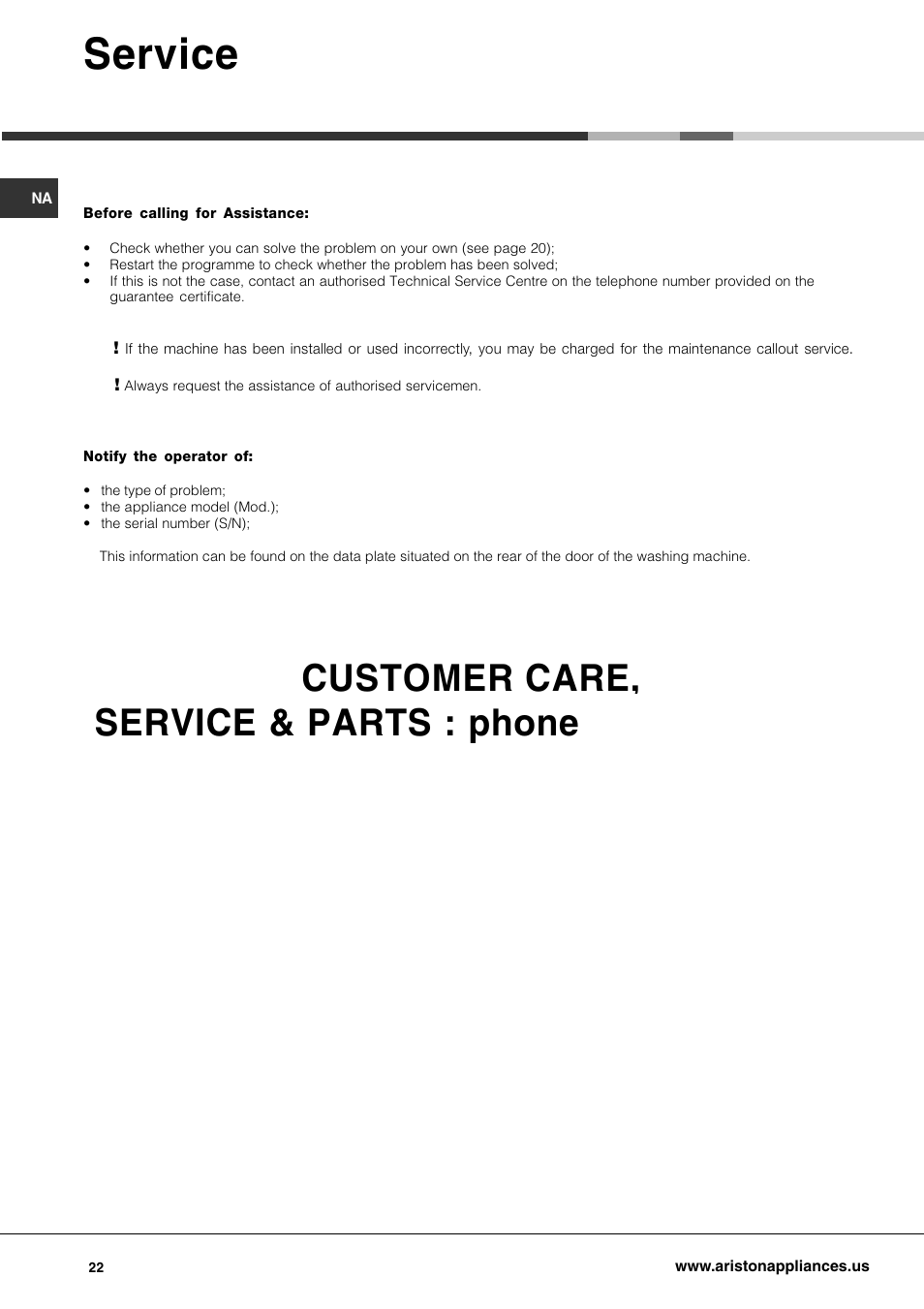 Service | Ariston AW 125 User Manual | Page 22 / 23