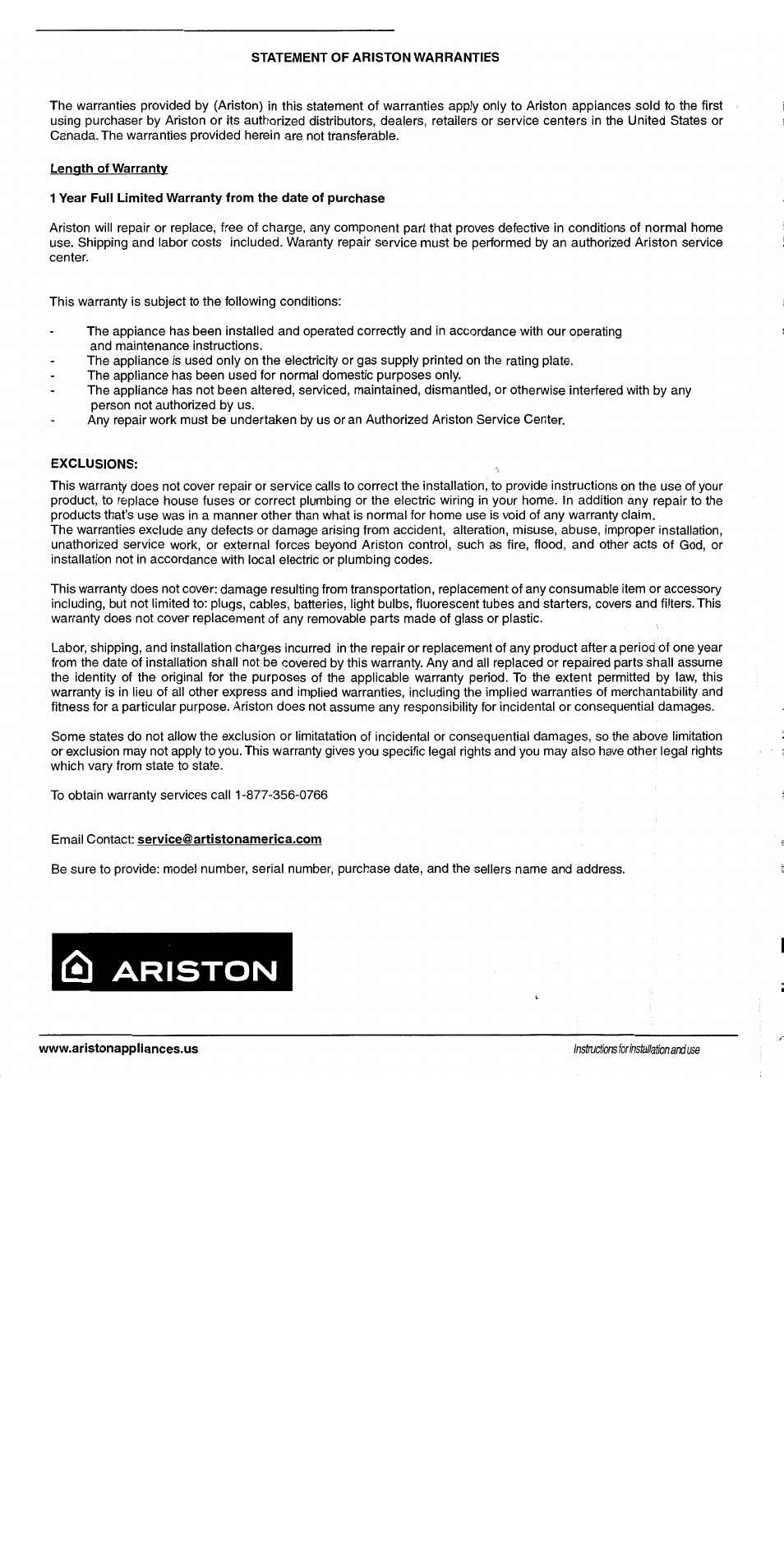 Ariston AW 125 User Manual | Page 23 / 23