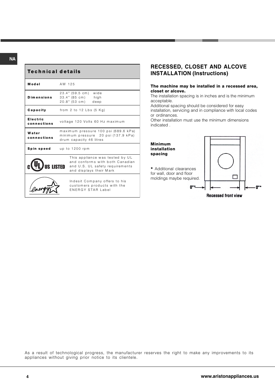 Us listed | Ariston AW 125 User Manual | Page 4 / 23