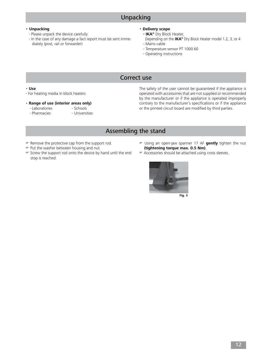 Unpacking, Correct use, Assembling the stand | IKA Dry Block Heater 4 User Manual | Page 12 / 52