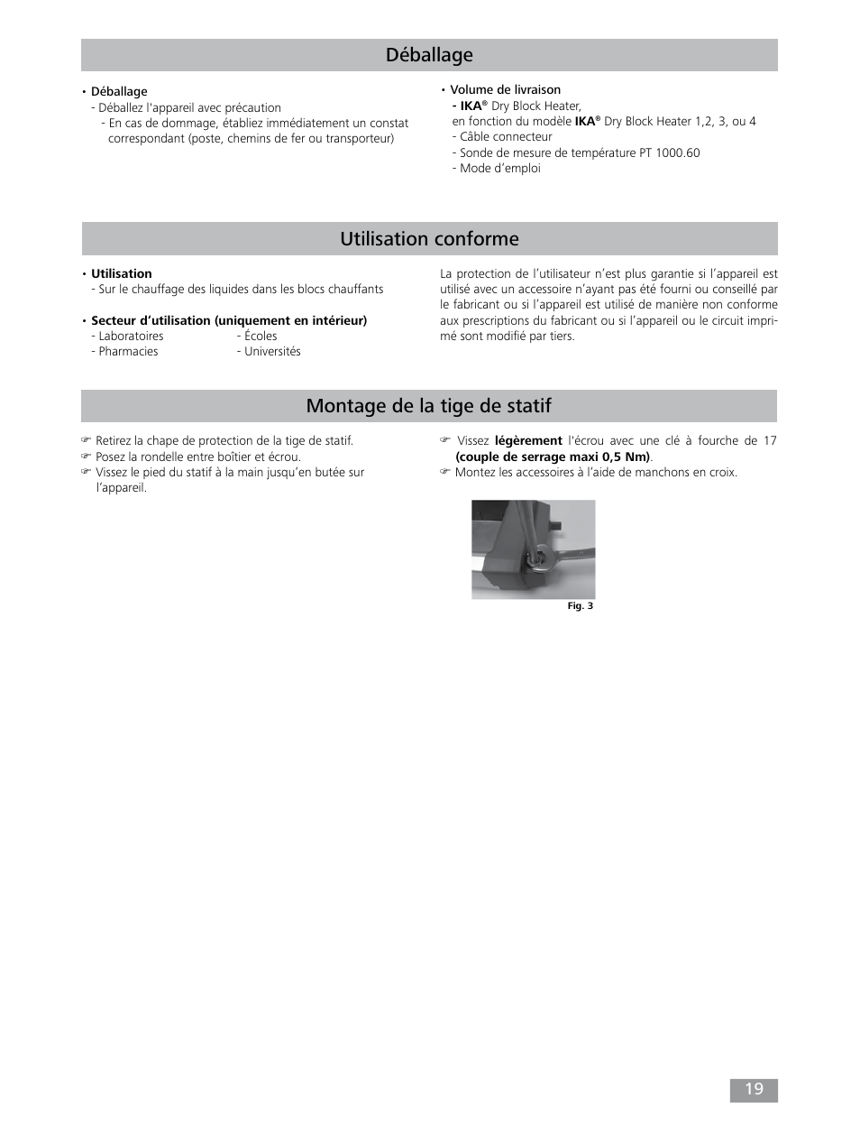 Déballage, Utilisation conforme, Montage de la tige de statif | IKA Dry Block Heater 4 User Manual | Page 19 / 52