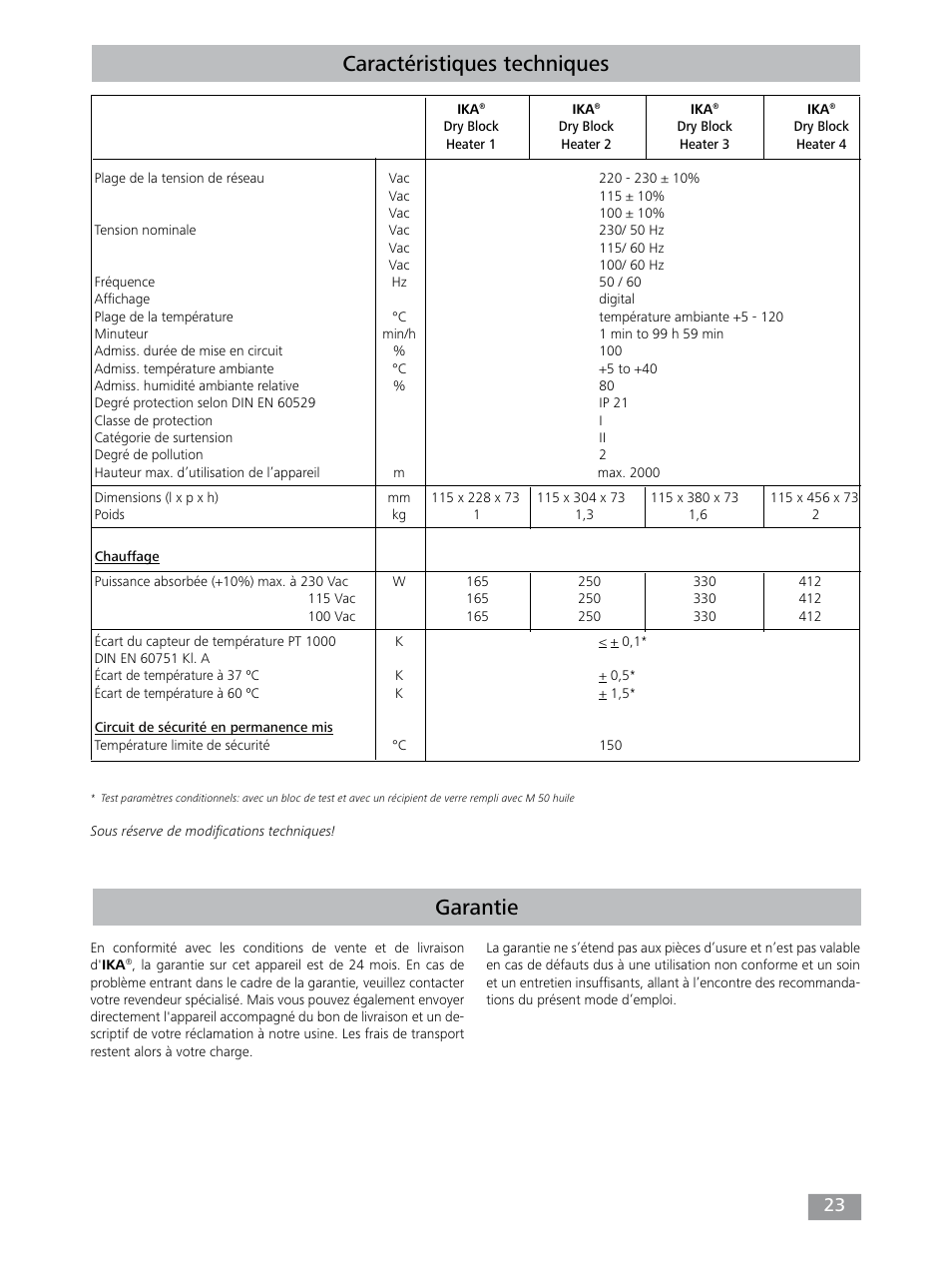 Caractéristiques techniques, Garantie | IKA Dry Block Heater 4 User Manual | Page 23 / 52