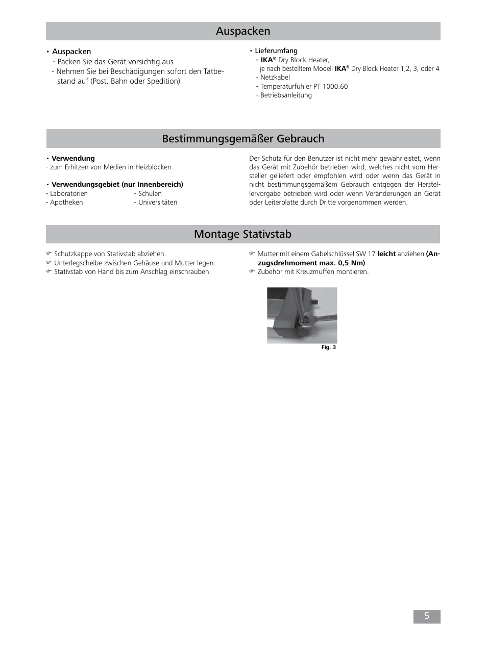 Auspacken, Bestimmungsgemäßer gebrauch, Montage stativstab | IKA Dry Block Heater 4 User Manual | Page 5 / 52