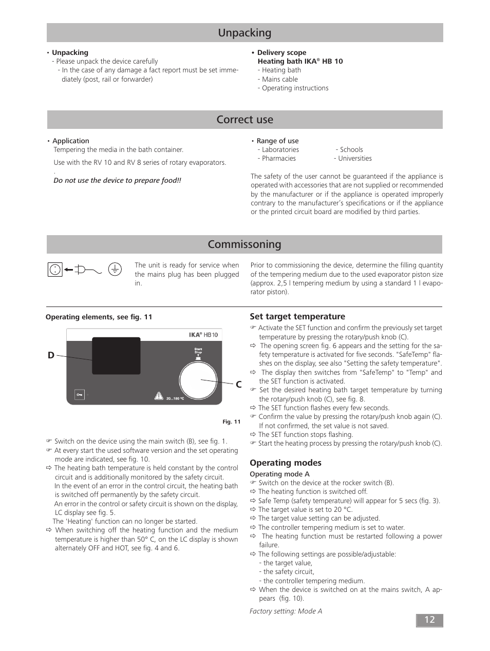 Correct use, Commissoning, Unpacking | IKA HB 10 User Manual | Page 12 / 52