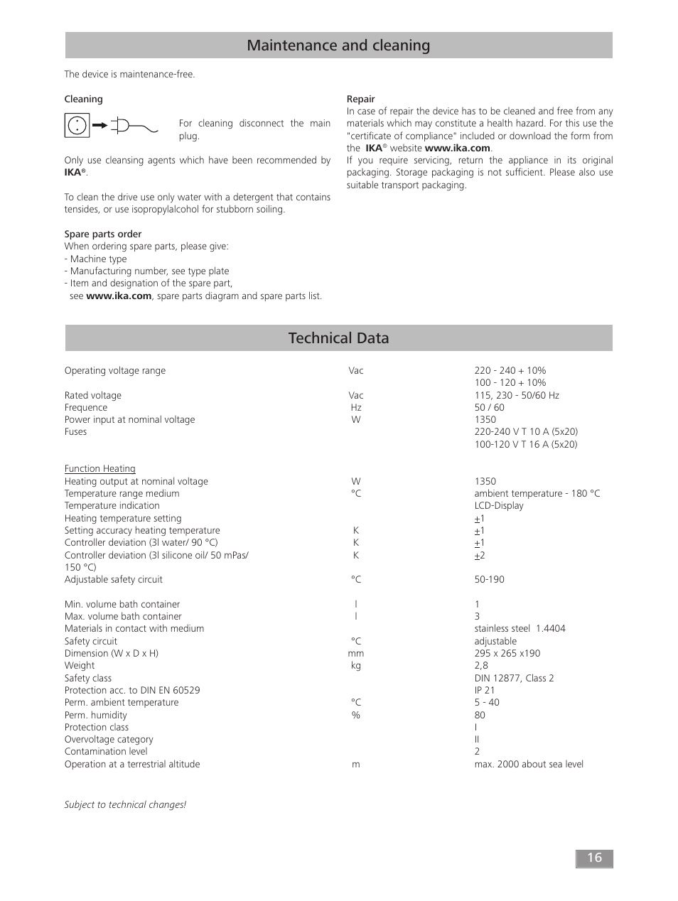 Maintenance and cleaning, Technical data | IKA HB 10 User Manual | Page 16 / 52