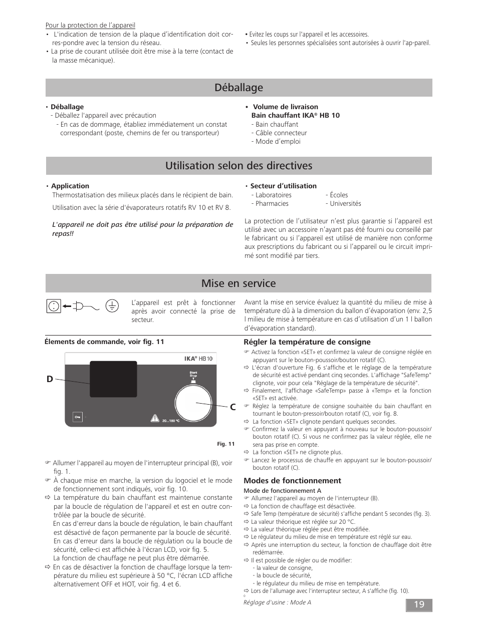 Déballage, Utilisation selon des directives, Mise en service | IKA HB 10 User Manual | Page 19 / 52