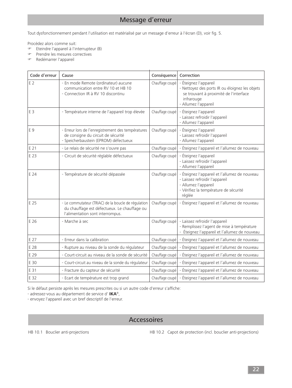 Message d’erreur, Accessoires | IKA HB 10 User Manual | Page 22 / 52