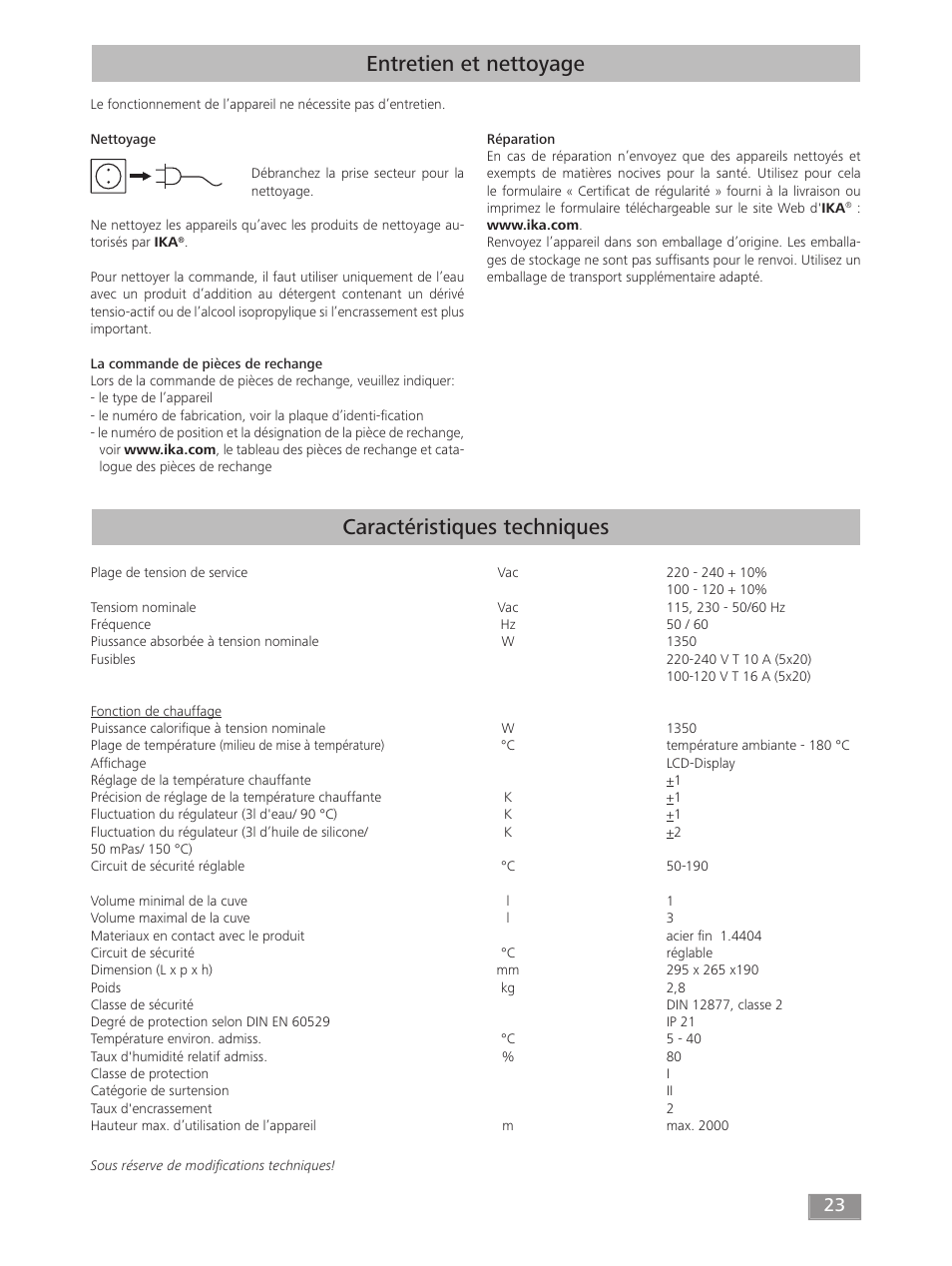 Entretien et nettoyage, Caractéristiques techniques | IKA HB 10 User Manual | Page 23 / 52