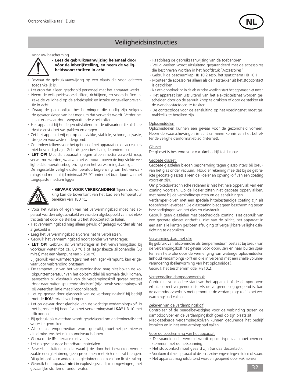 Veiligheidsinstructies | IKA HB 10 User Manual | Page 32 / 52