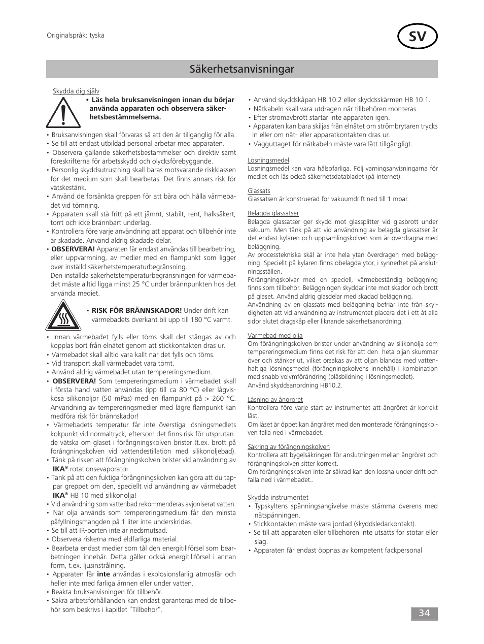 Säkerhetsanvisningar | IKA HB 10 User Manual | Page 34 / 52