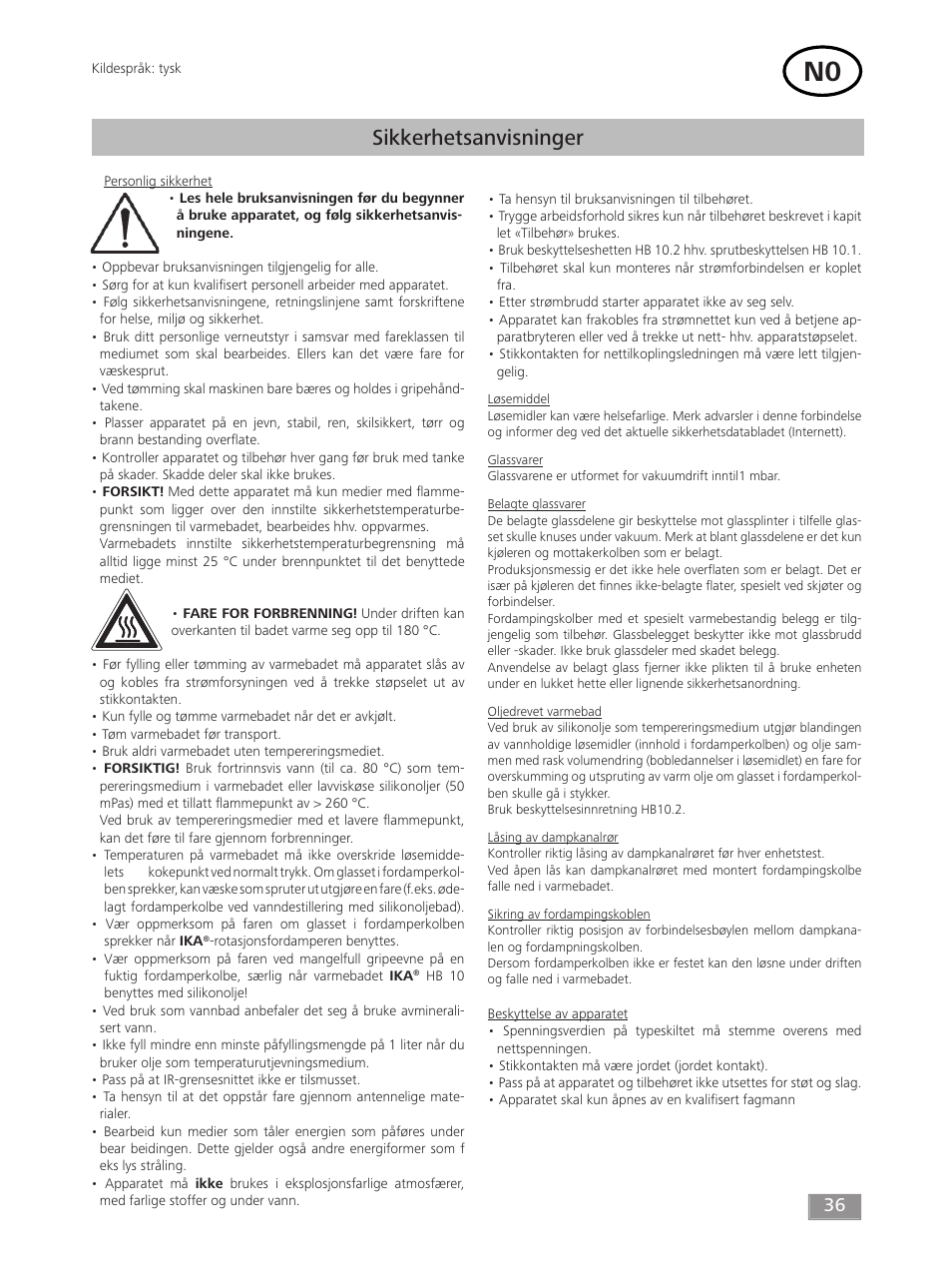 Sikkerhetsanvisninger | IKA HB 10 User Manual | Page 36 / 52