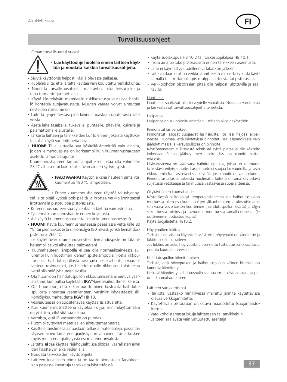 Turvallisuusohjeet | IKA HB 10 User Manual | Page 37 / 52