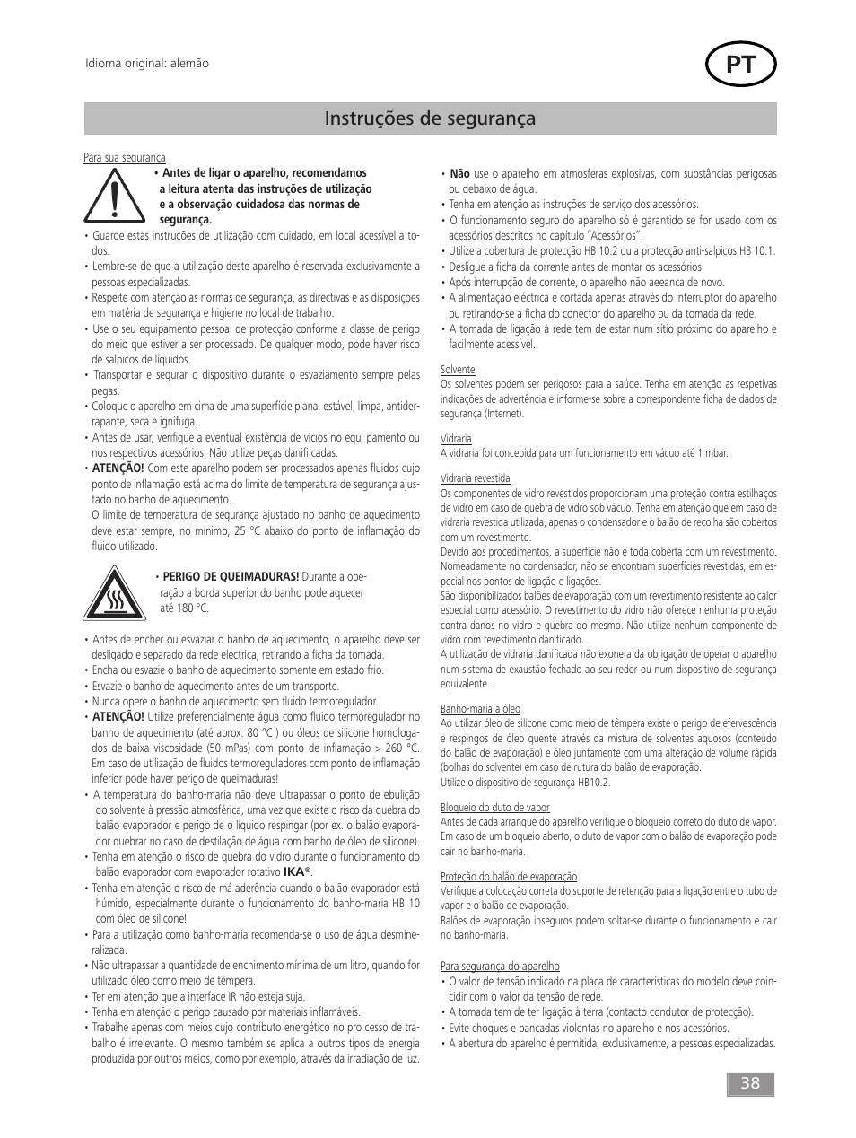 Instruções de segurança | IKA HB 10 User Manual | Page 38 / 52